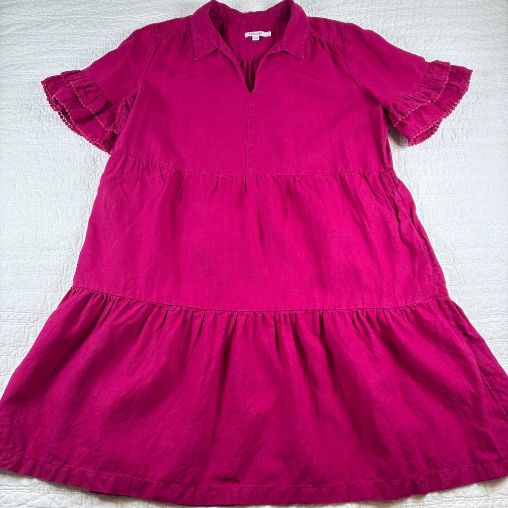 Chico's Linen Tiered Dress 16 Magenta Pink Ruffle Sleeve Pom Trim Boho Peasant